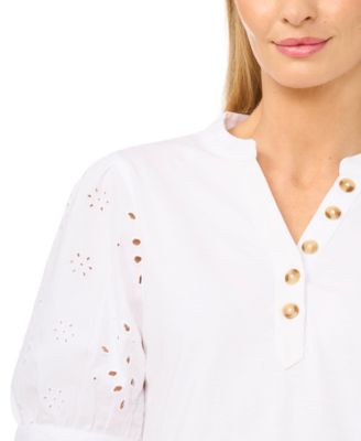 Women's Henley Puff-Sleeve Cotton Top