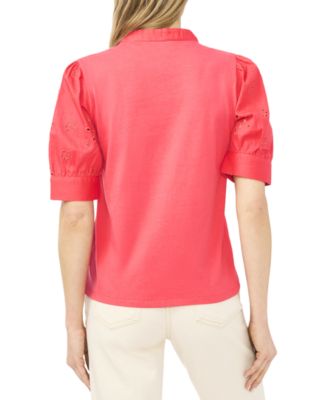 Women's Henley Puff-Sleeve Cotton Top