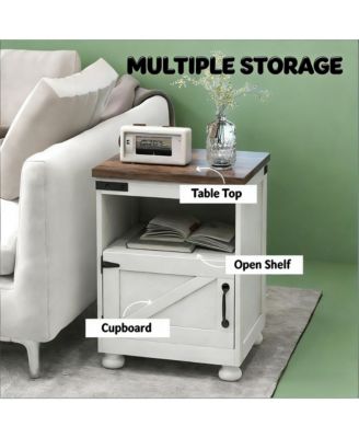 Bedside Cabinet, Farmhouse Storage Nightstand with Open Shelf and Cupboard for Living Room, Bedroom.