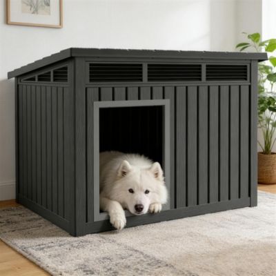 204 inclined top air pole kennel gray and black Durable Outdoor Kennel with Angled Roof for Optimal Drainage and Ventilation
