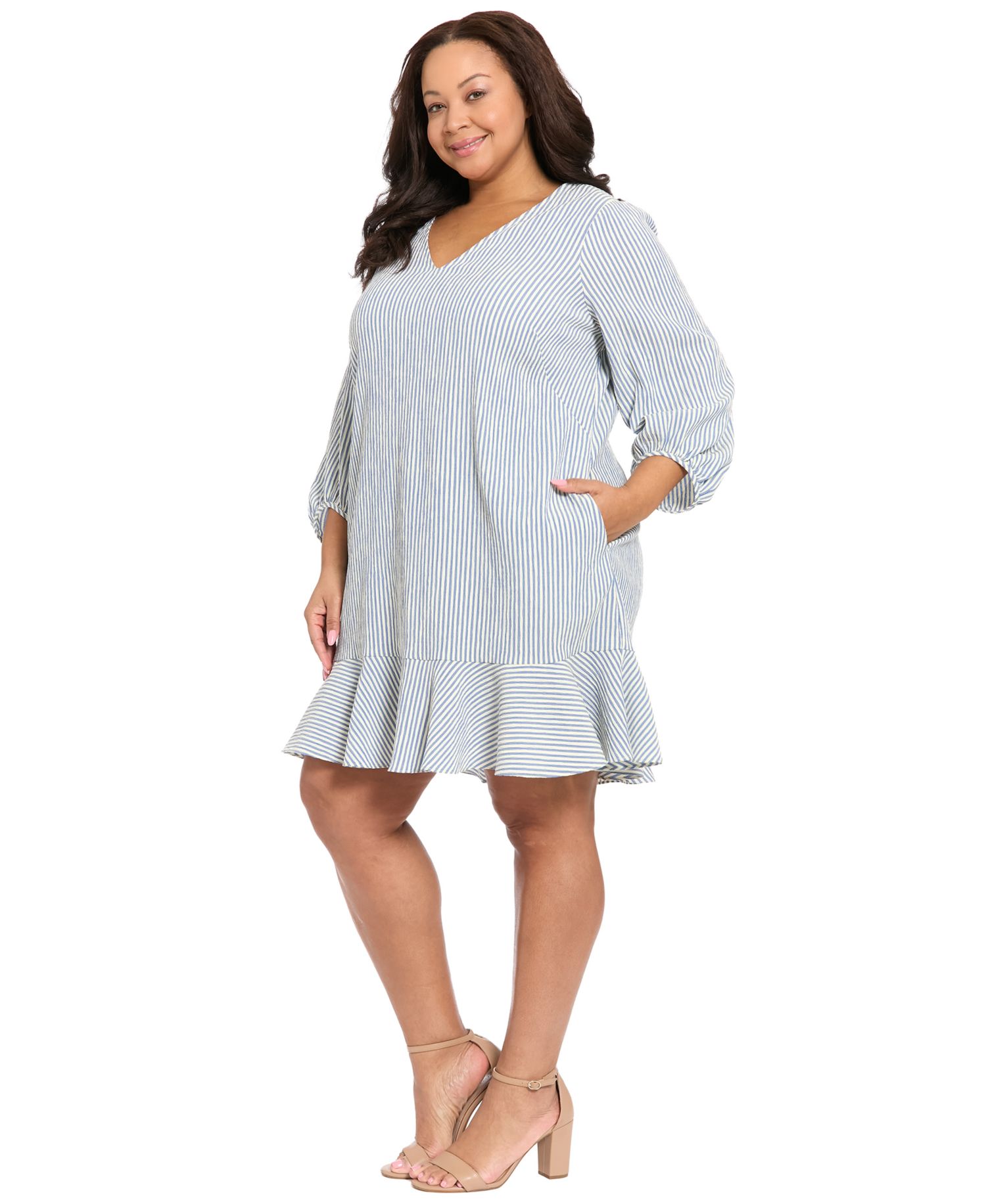 Plus Size 3/4-Length-Sleeve V-Neck Shift Dress