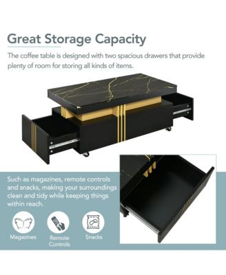 Coffee Table with Faux Marble Top, Rectangle Center Table with 2 Drawers and Caster Wheels for Living Room