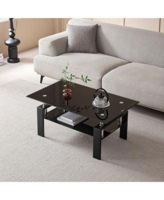 Rectangle 2-Tier Glass Coffee Table, Modern Small Center Table with Storage and Metal Legs for Living Room, Home Office