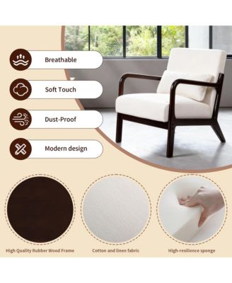 Mid Century Modern Accent Chair - Solid Wood Frame and Detachable Lumbar Pillow, Comfy Linen Armchair for Living Room and Bedroom