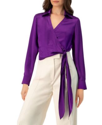 Women's Wrap Satin Blouse with Tie Detail