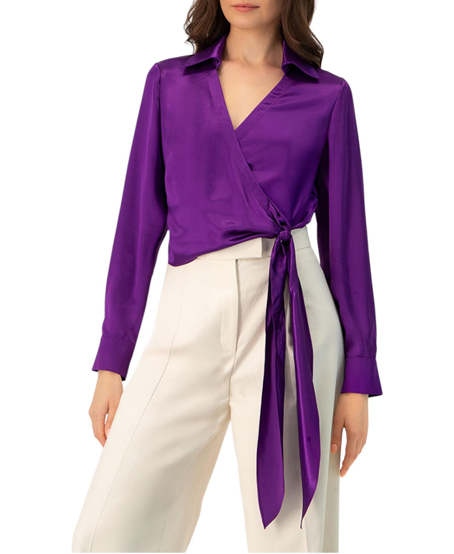 Women's Wrap Satin Blouse with Tie Detail
