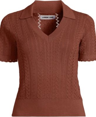 Women's Fine Gauge Cotton Pointelle Polo Sweater