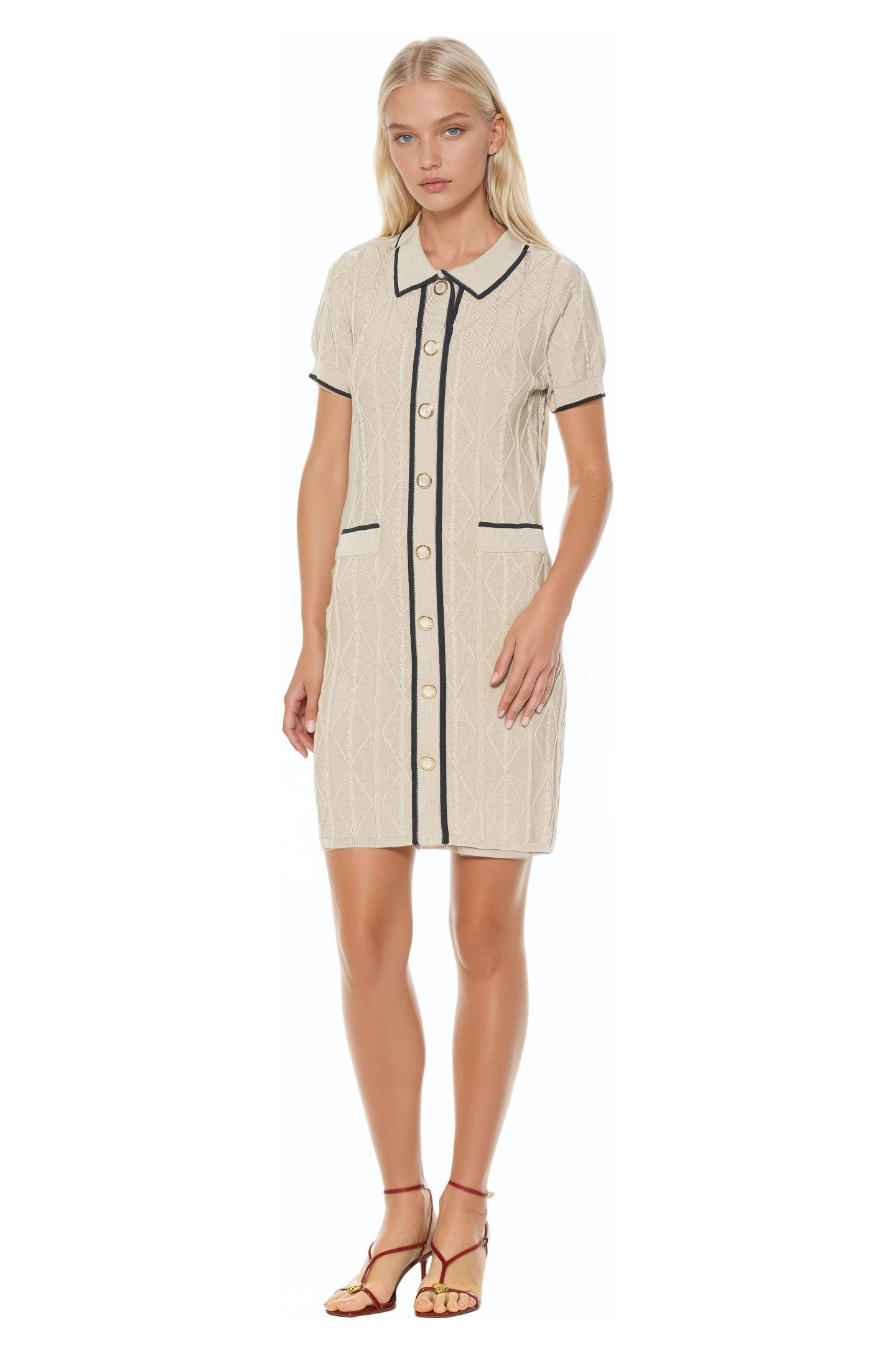 Женское платье Alexia Admor Cove Collared Button Down Contrast Knit, цвет: Слоновая кость — фото 2