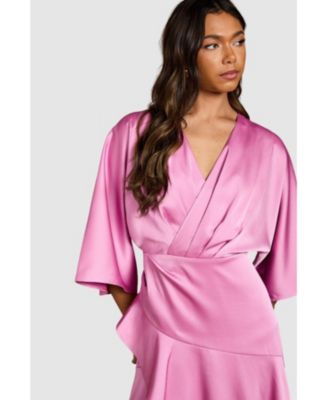 Women's Satin Back Crepe Ruffle Wrap Midi Dress