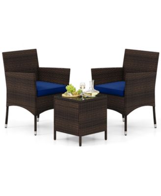 3 PCS Outdoor Conversation Set w/ Cushioned Seat and Tempered Glass Tabletop