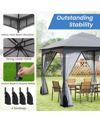 10 x 12 FT Patio Gazebo w/ Netting Walls Soft Top Double Roof Canopy w/ 4 Sandbags