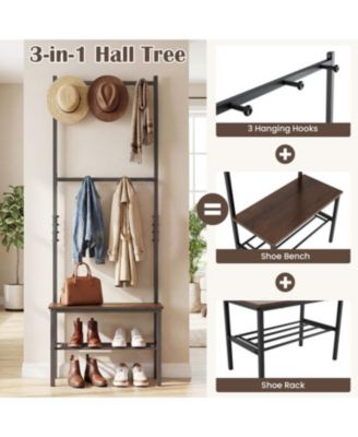 Freestanding 3-in-1 Hall Tree with Bench and Hooks