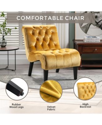 Modern Velvet Accent Chair, Upholstered Fabric Button Reading Chaise with Tufted Back, Wooden Legs and Rolled Edge Design for Living Room