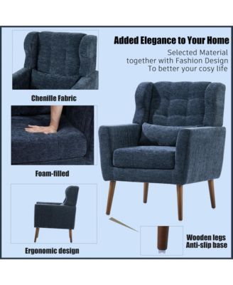 Chenille Accent Chair, Modern Upholstered Armchair with Waist Pillow and Tapered Wooden Legs for Living Room, Small Space