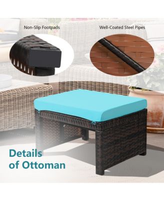 Set of 2 Rattan Ottoman Footrest Footstool Patio Furniture w/ Turquoise Cushion