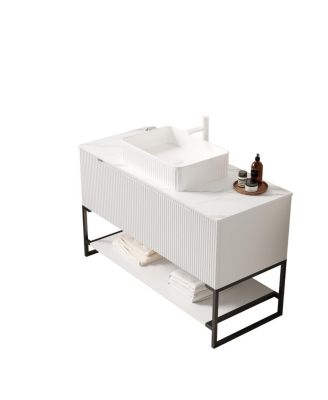 48" French Romantic Bathroom Vanity with White Ceramic Vessel Sink, Freestanding 3-Door Cabinet No Faucet