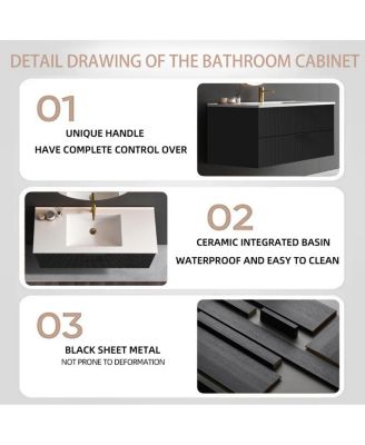 48" Modern Floating Vanity With Ceramic Sink, Black Fluted Wall-Mount Cabinet, 2 Drawers U-Shaped Cutout
