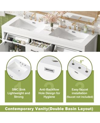 59.3" White Double Sink Bathroom Vanity with SMC Resin Basin, Solid Wood Frame & Soft Close Drawers for Large Bathrooms