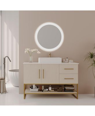 47.2" Bathroom Vanity with Ceramic Vessel Sink, Gold Stainless Steel Frame & Open Shelf, Modern Oak Freestanding Cabinet