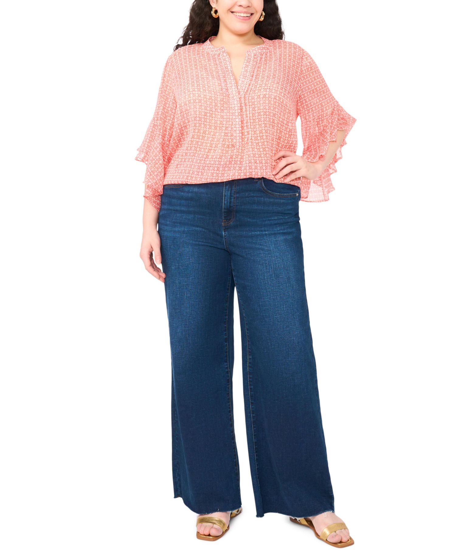 Plus Size Pin Tuck Flutter-Sleeve Henley Blouse