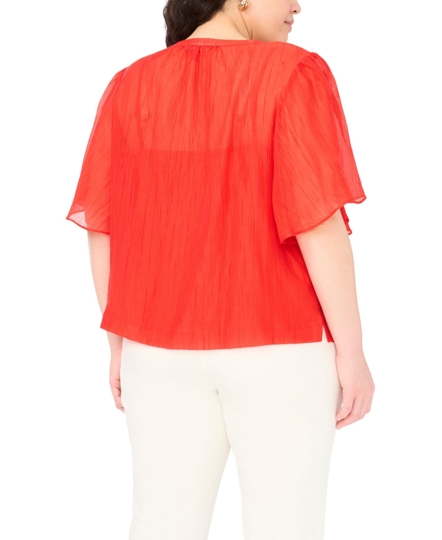 Plus Size Front Cutout Flutter-Sleeve Keyhole Neck Blouse