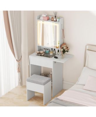 Space-Saving Vanity Desk with Mirror and Lights for Bedroom