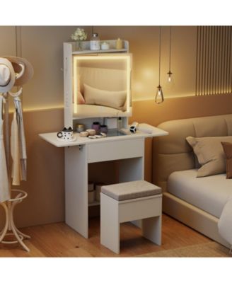 Space-Saving Vanity Desk with Mirror and Lights for Bedroom