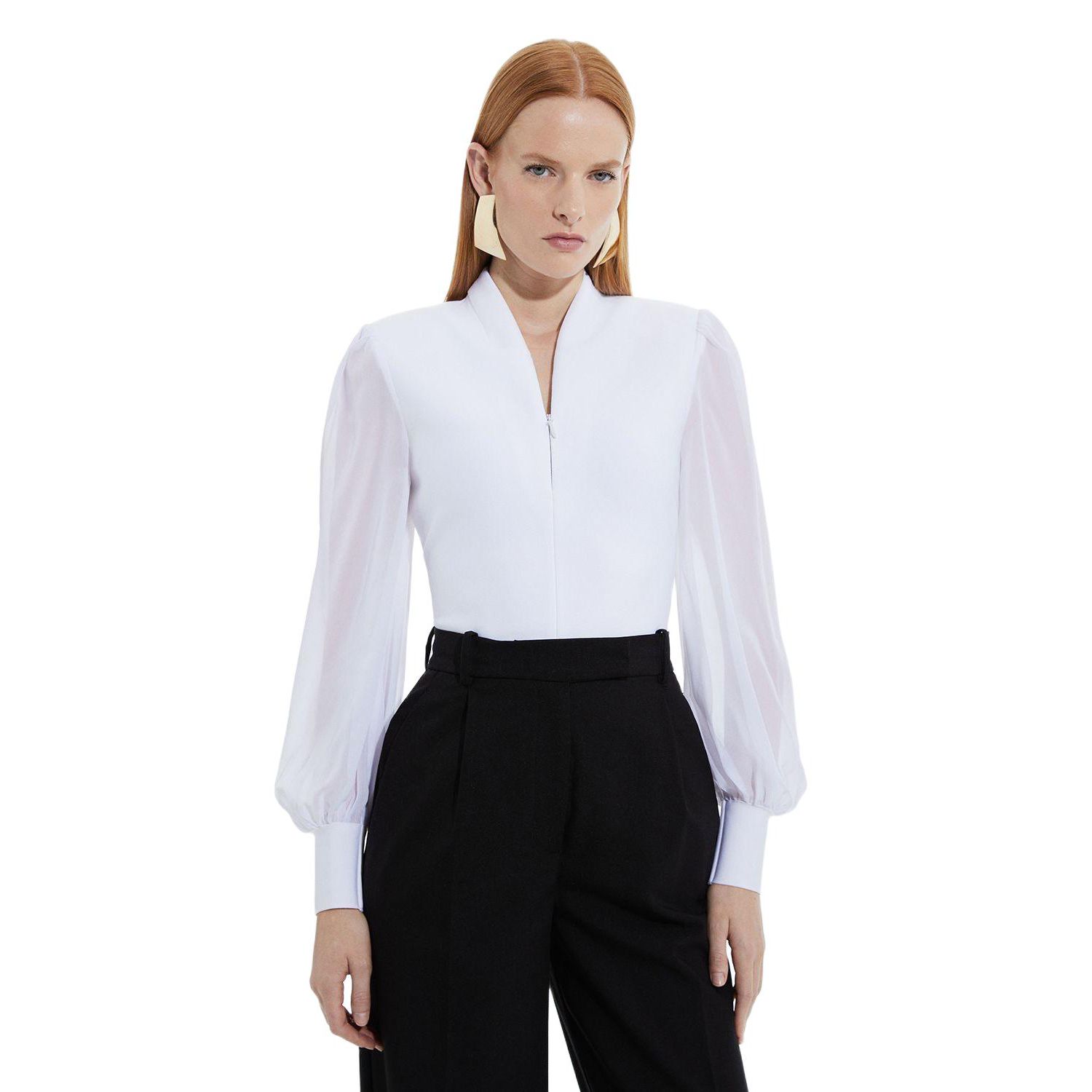 Women's Zip Detail Chiffon Sleeve Knit Top