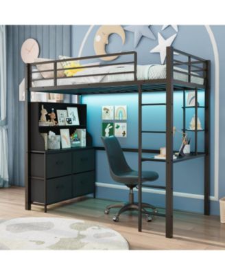 Loft Bed Twin Size with Desk, 4 Large Fabric Drawers and 2 Storage Shelves, Heavy Duty Metal Loft Bed with LED Lights & Charging Sation