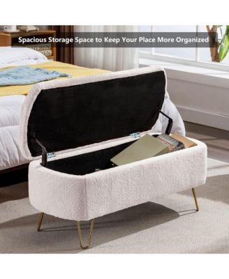 Modern Storage Ottoman Bench - Oval Faux Fur Entryway Bench, End of Bed Bench with Legs for Living Room, Bedroom