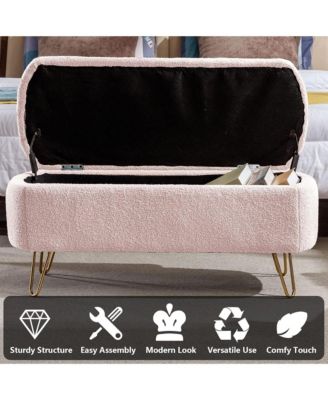 Modern Storage Ottoman Bench - Oval Faux Fur Entryway Bench, End of Bed Bench with Gold Legs for Living Room, Bedroom