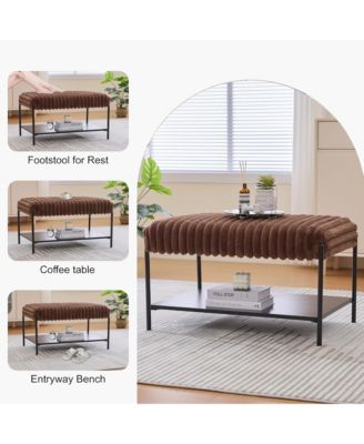 30.7" Wide Upholstered Ottoman, Faux Fur Footstool with Wooden Open Storage Shelf and Black Metal Legs for Living Room
