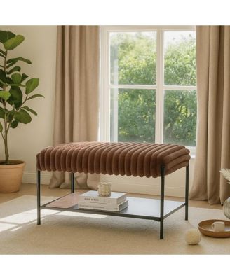 30.7" Wide Upholstered Ottoman, Faux Fur Footstool with Wooden Open Storage Shelf and Black Metal Legs for Living Room