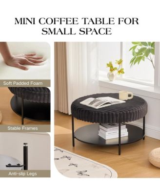 30.9" Wide Upholstered Round Ottoman, Faux Fur Footstool with Wooden Open Storage Shelf and Metal Legs for Living Room