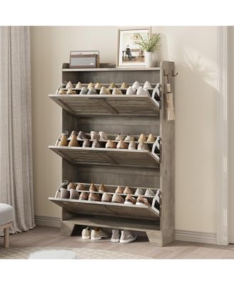 Shoe Cabinet Storage for Entryway, Narrow Shoe Cabinet with 3 Flip Drawers, Freestanding Hidden Slim Shoe Organizer Cabinet with Hooks