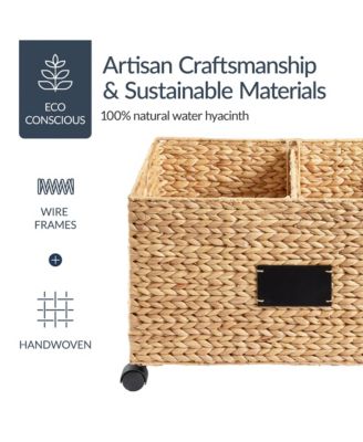 Rolling Pantry Storage Basket Organizer W/ Chalkboard Label, Handles, Removable Divider - Chestnut