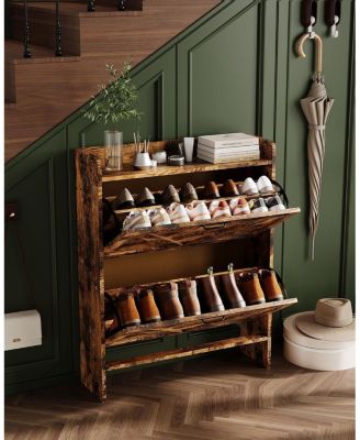 Slim Entrance Hallway Shoe Rack with 2 Folding Drawers - Adjustable Shelves - Metal Legs - Modern Space Saving Design - Capacity 12-16 Pairs