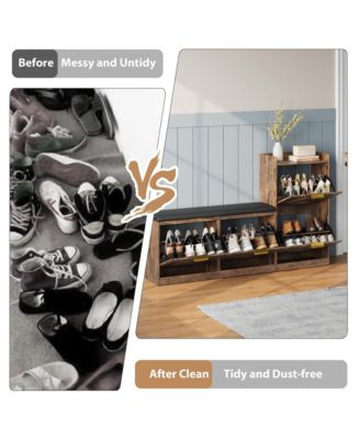 Farmhouse Entryway Shoe Cabinet with Bench and 4 Flip Drawers, Comfort Cushioned Shoe Storage Bench, Freestanding Shoe Organizer