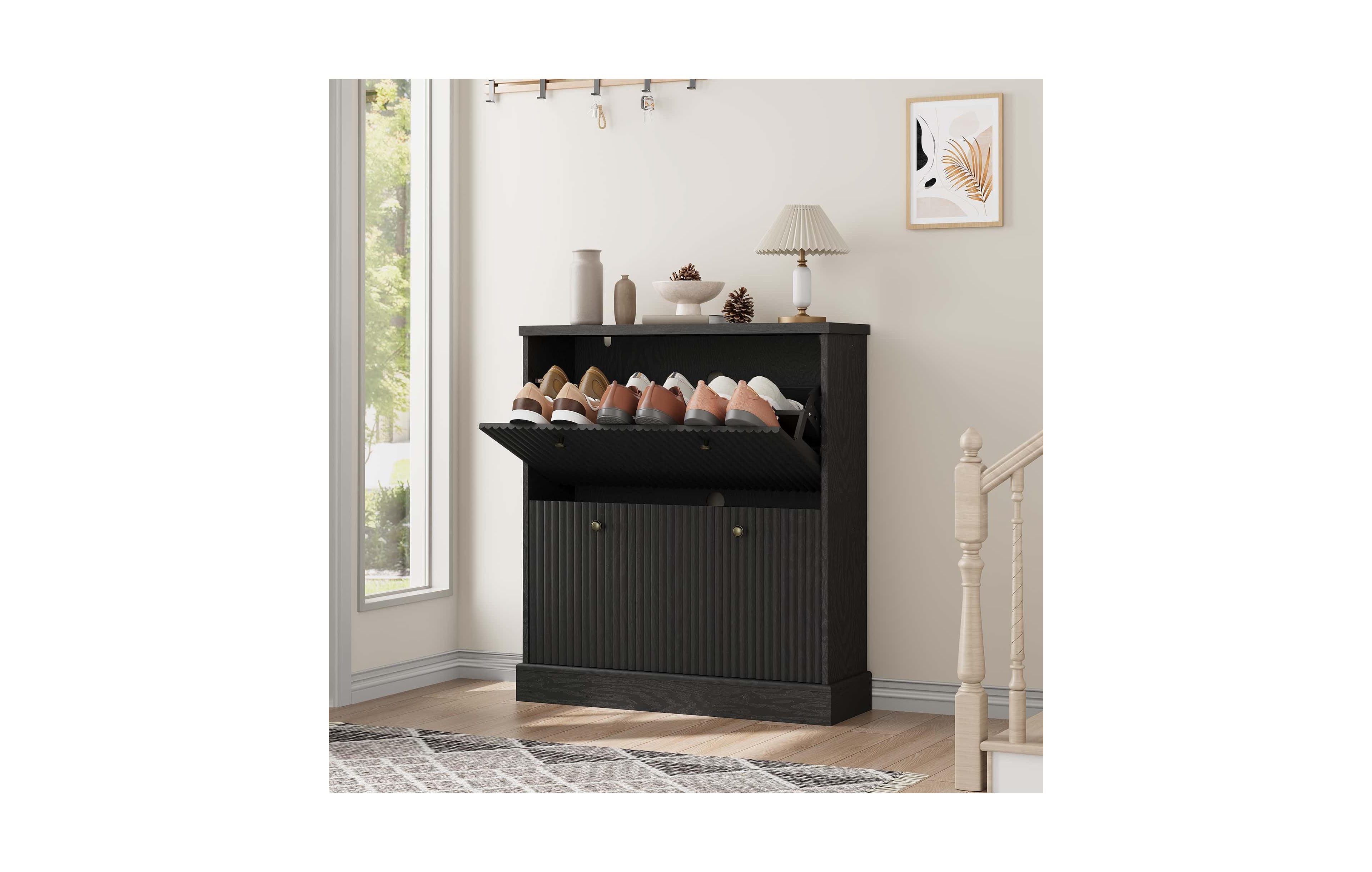 Homfan Fluted Shoe Cabinet with 2 Flip Drawers, Hidden Wooden Adjustable Shelf, Freestanding Storage