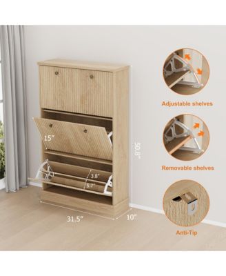 Fluted Shoe Cabinet Storage with 3 Flip Drawers, Wooden Fluted Narrow Shoe Organizer with Adjustable and Removable Shelves