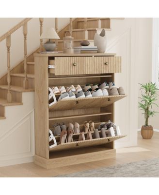 Fluted Shoe Storage Cabinet with 2 Flip Drawers and Top Drawer, 42" Tall Narrow Shoe Organizer, Curved Profile Design