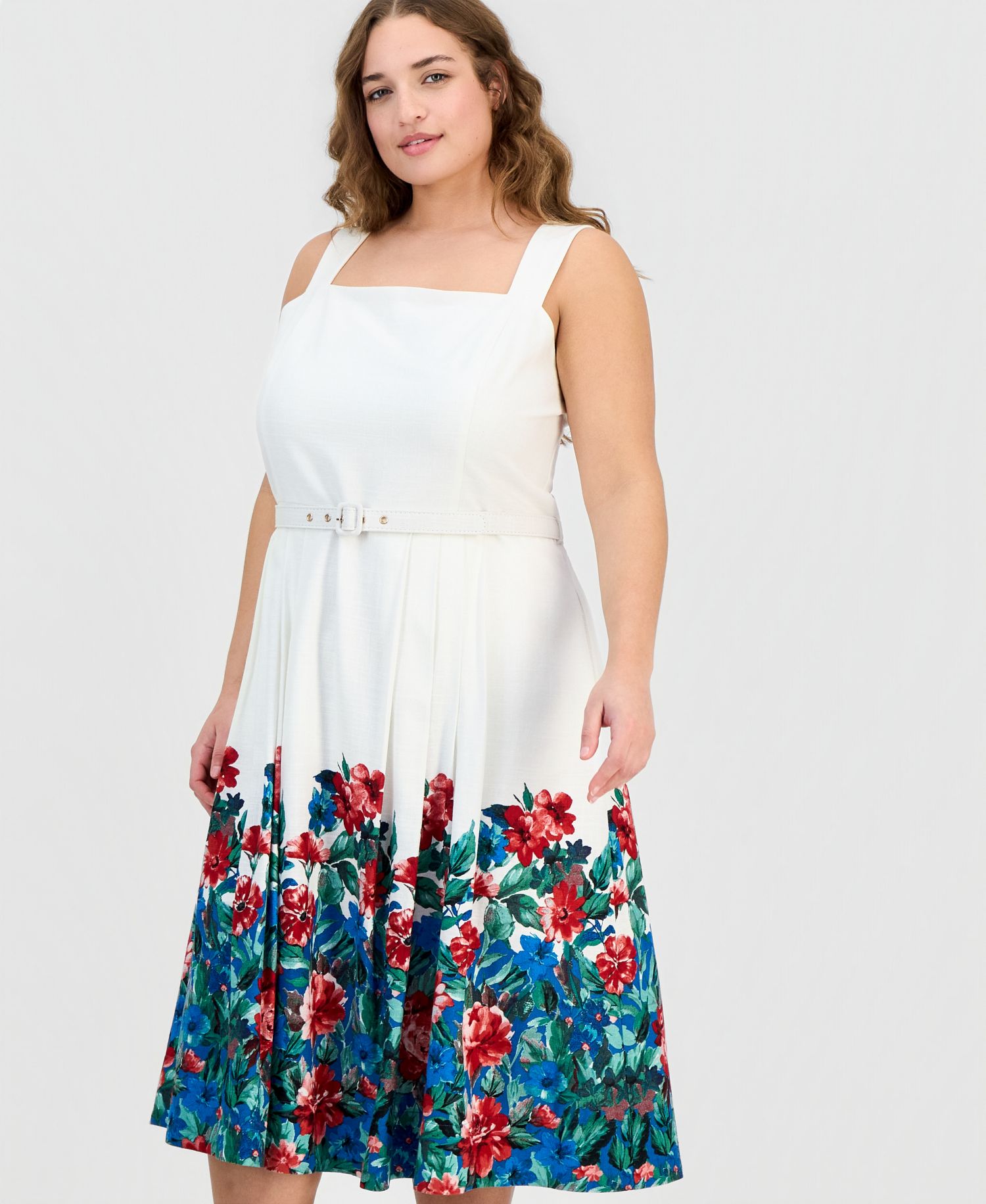 Plus Size Border-Print Sleeveless Belted Dress