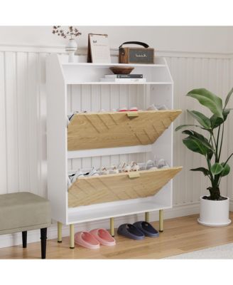 Slim Space-Saving Shoe Cabinet – 2 Turnover Drawers, Freestanding Hidden Storage Organizer, Adjustable Shelf, Scrape-Resistant