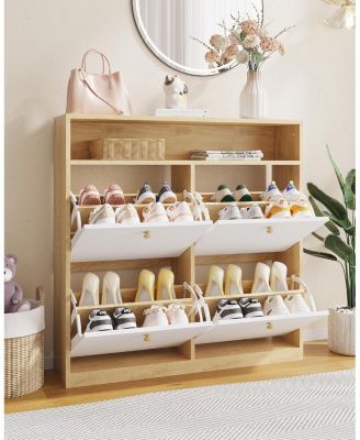 Space-Saving Modern Shoe Storage Cabinet – 4 Turn Drawers – Freestanding Wooden Organizer – Perfect for Entryway, Hallway, or Bedroom