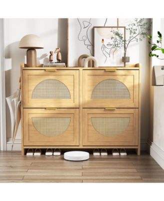 Rattan Shoe Storage Cabinet with 4 Flip Drawers, Free Standing Wooden Shoe Storage Organizer Cabinet with Adjustable Shelves