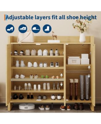 Rattan Shoe Cabinet for Entryway, Wooden Shoe Rack Freestanding Storage Cabinet with Adjustable Shelves for Living Room Hallway