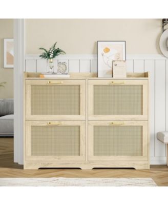 Rattan Shoe Cabinet with 4 Flip Drawers, Hidden Wood Shoe Storage Organizer Cabinet, Wide Freestanding Breathable Shoe Rack Cabinet