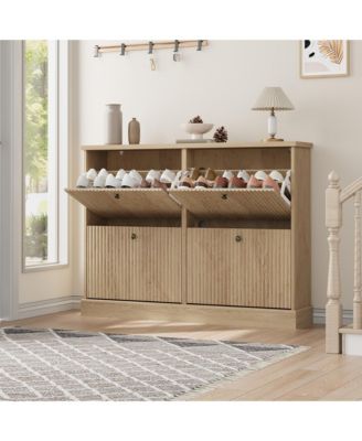 Shoe Cabinet with 4 Flip Drawers,Freestanding Cabinet with Adjustable Shelves and Thicken Top, Fluted Design, Wooden Narrow Shoe Organizer