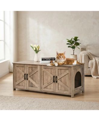 Zeus and Ruta Wooden Cat Litter Box Enclosure Hidden 2 Rooms Modern Litter Box Furniture Greige