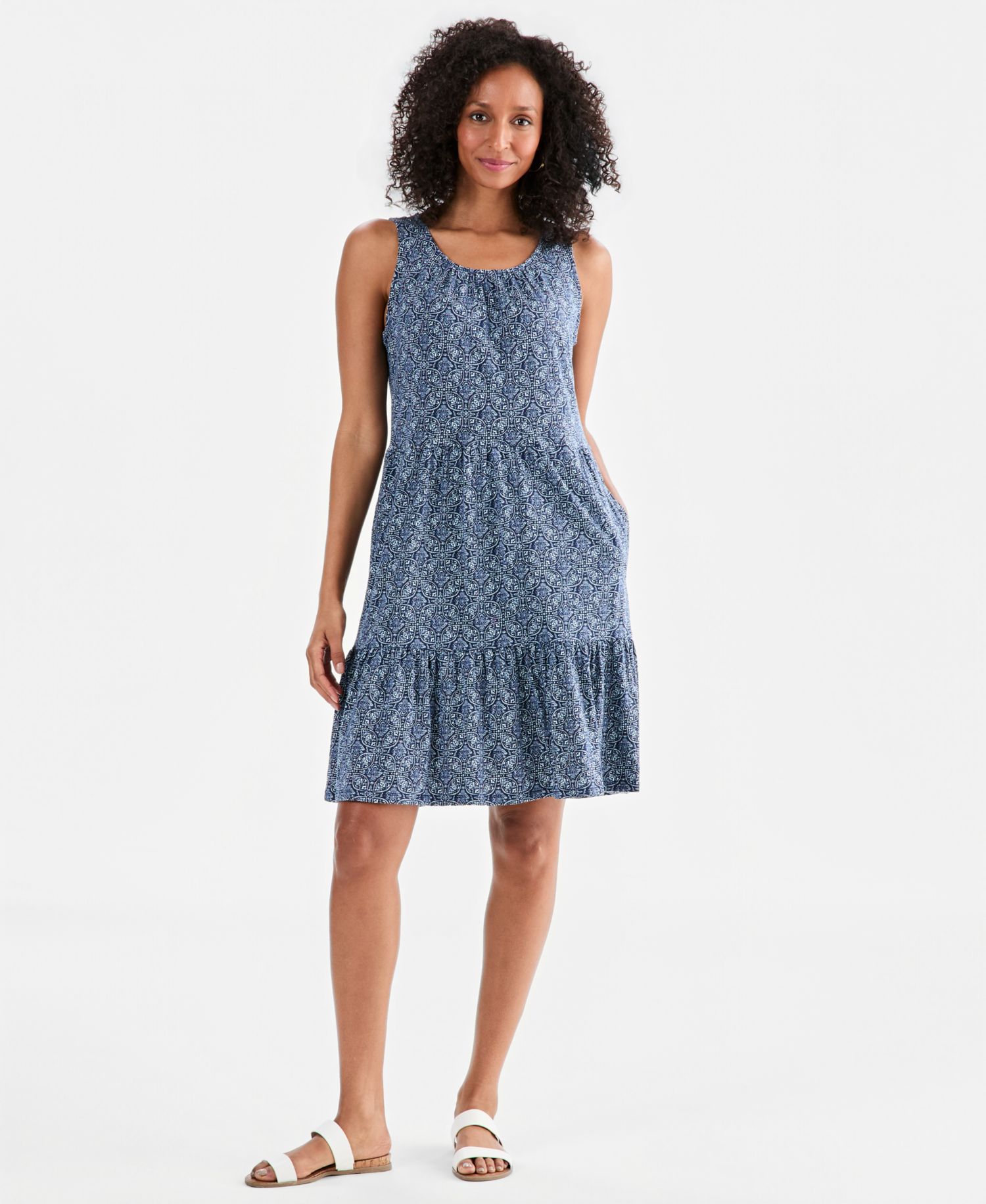 Petite Printed Round-Neck Tiered Tank Dress